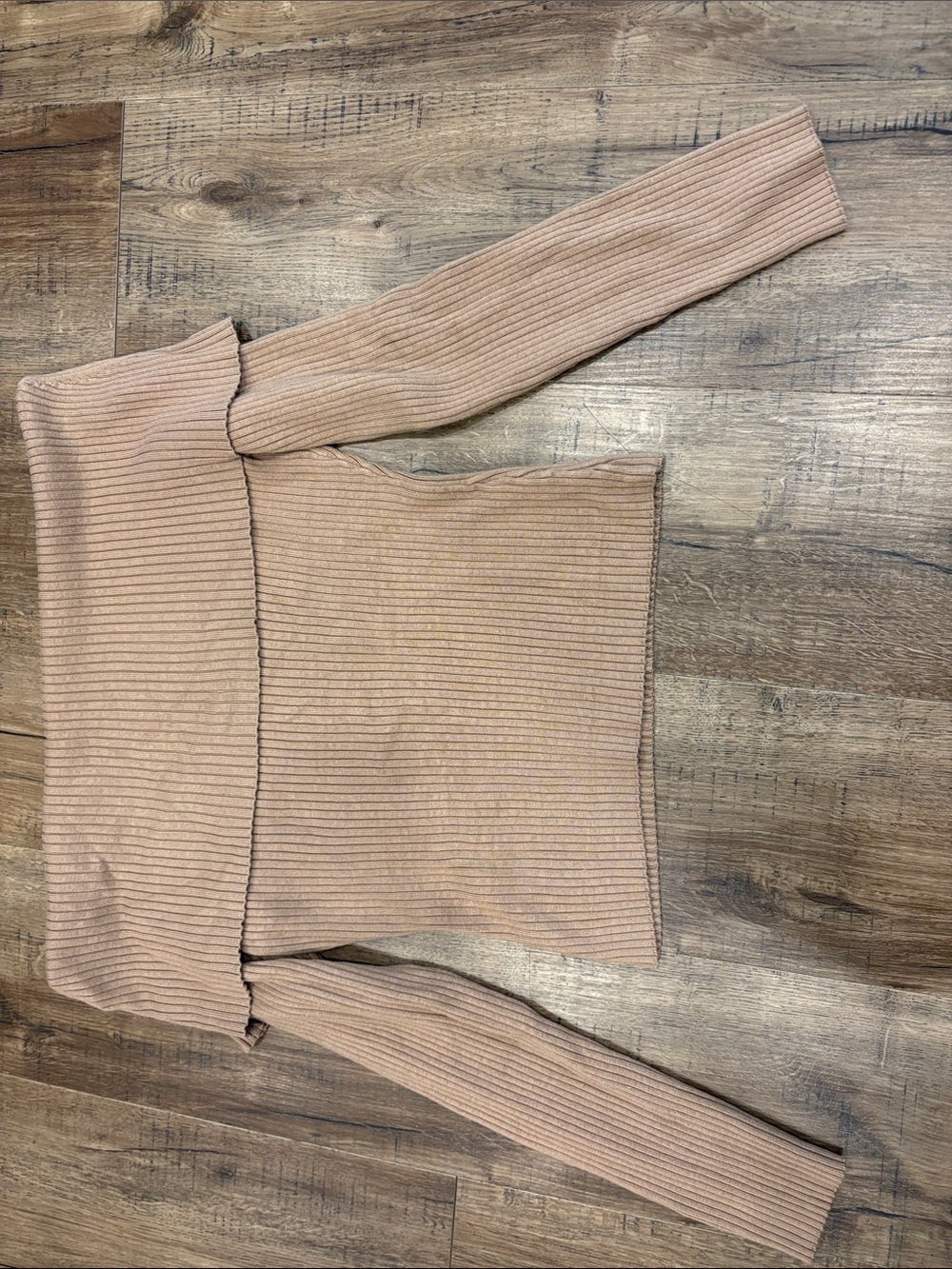 Brunette The Label Tan Ribbed Off-the-Shoulder Sweater
